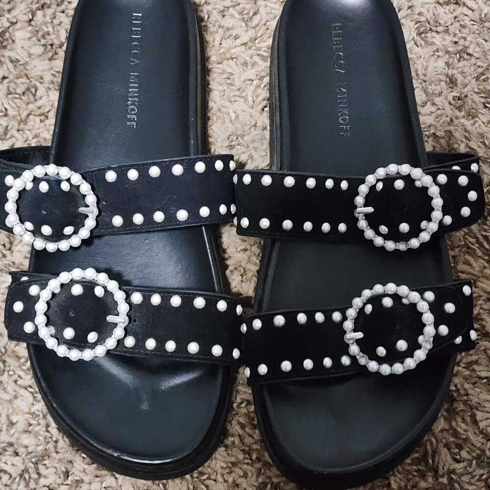 Rebecca Minkoff Lark Pear Embellished Black Slide Buckle Sandals 7.5 Edgy Chic - Picture 4 of 7